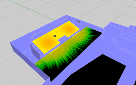 Fig. 1 - L-Acoustics X8 coaxial loudspeakers' predicted coverage. Yellow area is the main choir loft listening plane.