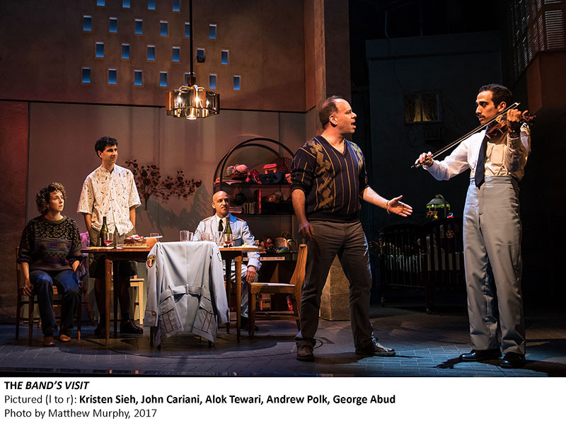 Kristen Sieh, John Cariani, Alok Tewari, Andrew Polk and George Abud in The Band's Visit. Photo by Matthew Murphy