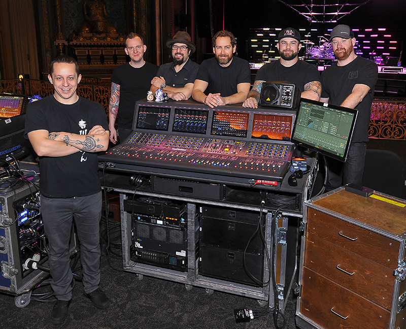 From left, James Wooten, FOH engineer; Daniel Kirkpatrick, monitor engineer; Stuart Berk, production manager; Greg Watlington, playback operator/keyboard tech; Josh Schreibeis, guitar tech; Mitch Sallee, drum tech. Photo by Steve Jennings