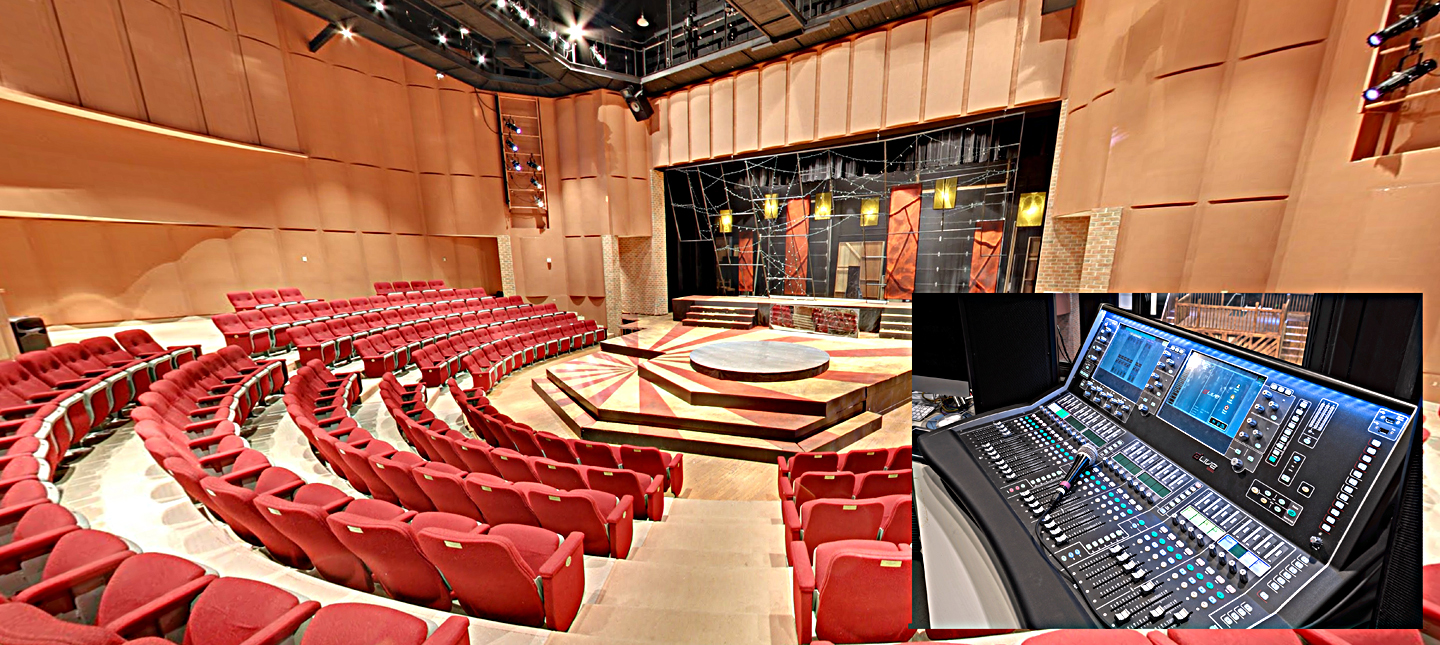 Markel Auditorium features a convertible thrust stage and and Allen & Heath dLive S Class digital mixing system (shown in inset).