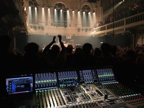ils Frahm on stage at the concert hall Paradiso in Amsterdam, in front the FOH mixing console AURUS platinum (photo: Terence Goodchild
