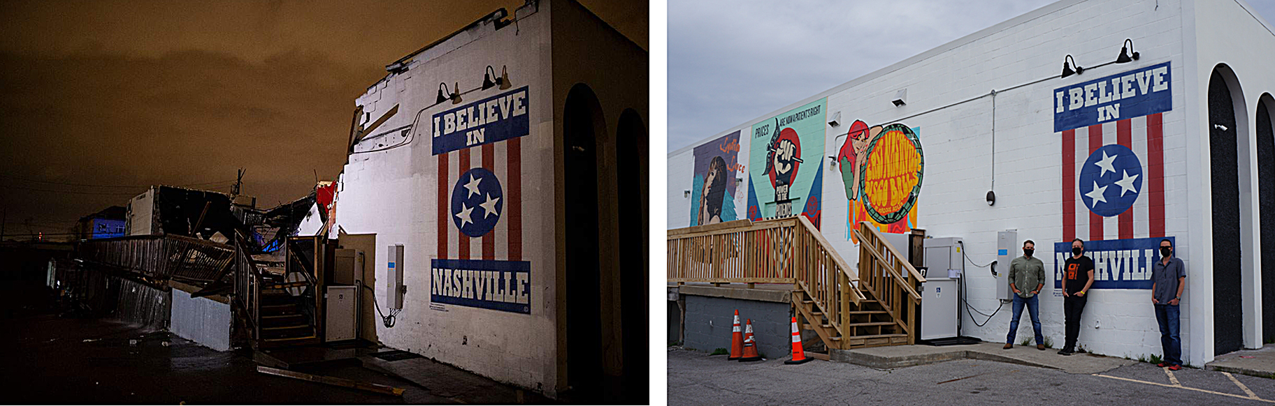 What a difference a year makes: Nashville’s Basement East club reopens with support from PRG Nashville, a hopeful ending to a challenging year. Photos: Brett Carlsen (L) and Barlow Harlin (R).