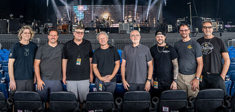 Some of the crew take a moment for a quick photo, L-R): Greg Botimer, Monitor and RF Tech; Paul “Pablo” White, System Engineer and SR PA Tech; Rob Evans, Broadcast Engineer; Billy Martin, SL PA Tech; Ian Kuhn, Monitor Engineer; Josh Horn, Sirius-XM Tech; Tom Lyon, FOH Engineer; Joe Lawlor, Audio Archivist. Photo: Sanjay Suchak