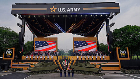 The main viewing stand along Constitution Avenue NW featured left and right main hangs, each with 10 d&b audiotechnik line arrays. Note the White House centered in the background the shot. Photo: Army Staff Sgt. Rene Rosas