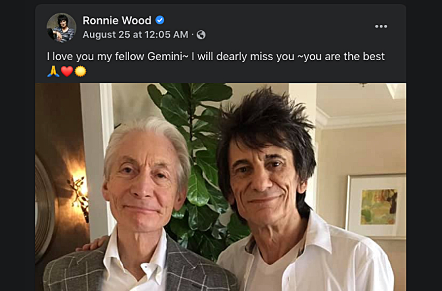 Ronnie Wood’s posting included this charming shot of the two Gemini’s.