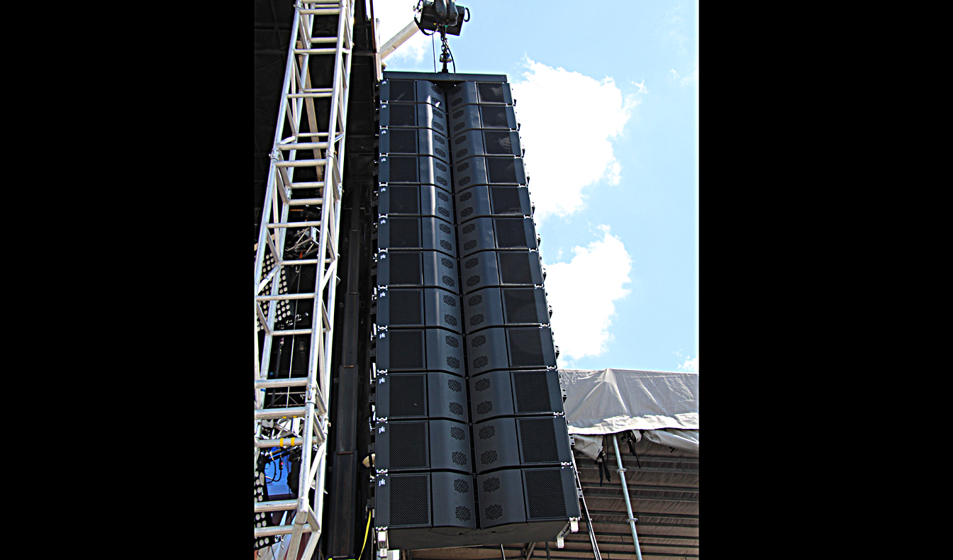 The PK Sound Trinity 12 line arrays in the stage left hang; Photo: Kevin M. Mitchell