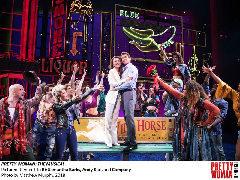 Pretty Woman The Musical, Pictured Center L to R, Samantha Barks, Andy Karl, and Company, Photo by Matthew Murphy, 2018