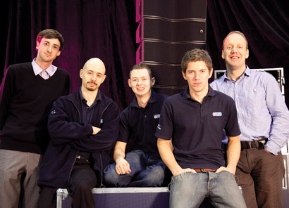 From left, Ben Noble, Stage Electrics business development manager; Saul David, production technician; Simon May, QAV project manager; Will Hill, QAV project manager; and Chris Vass, L-Acoustics technical support