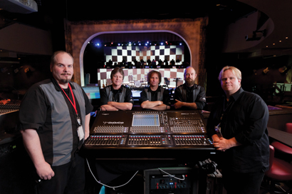 The Potawatomi Bingo Casino crew, from left: Rob Beck/Audio Technician, Dave Braun/Audio Technician, Jamie Cobb/Production & Stage Manager, Andrew Worzella/Audio Technician, and Todd Fink/Production Supervisor