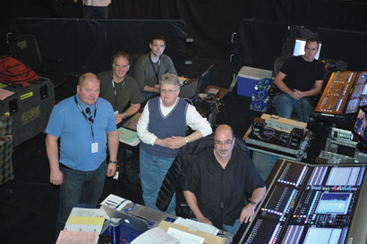 From left, Taidus Vallandi, Technical Sales Manager, DiGiCo/Group One Ltd; Andrew “Fletch” Fletcher; Leslie Anne Jones, The Recording Academy, Producers & Engineers Wing; Jeff Peterson, freelance consultant/PA system designer; FOH music mixer Ron Reaves; Production Mixer Mikael Stewart, ATK. Photograph courtesy of The Recording Academy/Wireimage.com 2012.