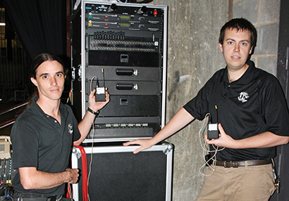 From left, Morgan Calma, A1 for Charlotte Squawks, and Robert Schoneman, production manager at the Blumenthal Performing Arts Center in Charlotte, NC.