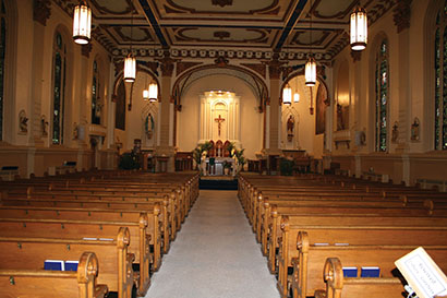 The sanctuary of Holy Trinity Parish Church, in Wellsville, Ohio, outfitted with upgraded sound systems by regional service provider Koko Brothers Entertainment, a member of the GC Pro Affiliate Program.