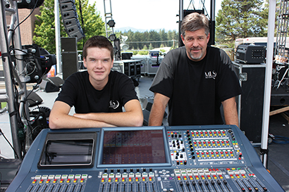 Moon Lighting and Sound systems tech Nick Parkey (left) and president Ken Van Gelder with Midas PRO2 digital mixing system.