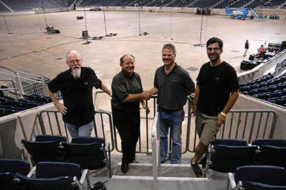 From left, Robert Ausmus and Rob McKinley (LD Systems) with Paul Freudenberg and Scott Sugden (L-Acoustics) at Reliant Stadium, home to the annual Houston Livestock Show and Rodeo
