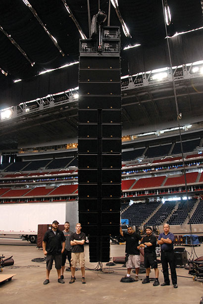 Part of the LD Systems team with a K1 array. From left, Anthony Didonato, Mike Shear, Thomas Ruffner, Steve Perry, Rafael Rosales and Rob McKinley