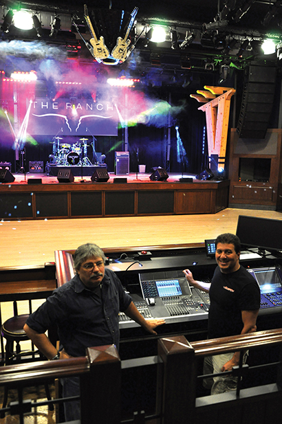 From left, House engineer Mark Bjork and Ian Ingram from Allstage Pro with the Yamaha M7CL at The Ranch, in the corporate headquarters for Extron, Anaheim CA