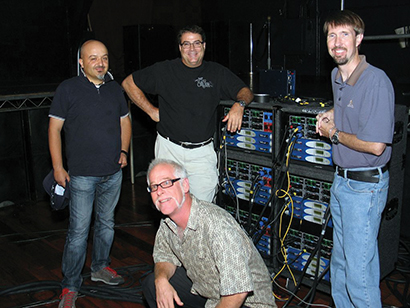Testing presets at Avalon in Hollywood prior to the DNC: (l-r, standing) Mario Di Cola, senior loudspeaker engineer, Audio Labs Systems; Scott Harmala, CTO/VP engineering, ATK Audiotek; Kirk Powell, system design engineer, ATK Audiotek; (front) Ken Blecher, EVP, Powersoft U.S.