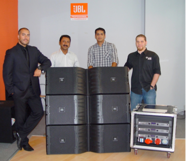Members of the GSL and Showtech teams with the new VTX line array system at Showtech include, from left, Glen Kershaw, GSL; Shaji George, Showtech; Wasim Shaikh, Showtech; and Jan Tarakji, GSL.