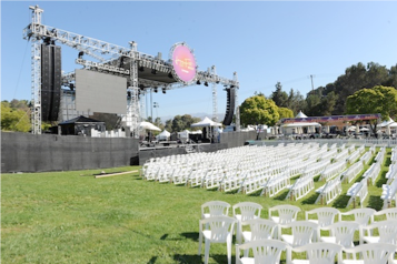 Flag Systems provided JBL V25 line arrays and S28 subwoofers to the Jazz Fest West and HARD Summer outdoor festivals. Pictured here, the setup for Jazz Fest West.