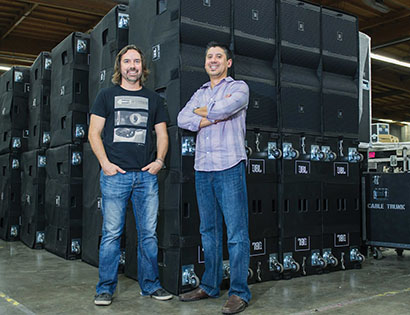 Brady Belavek, National Audio Sales/Product Manager for VER (West) and Joe Casanova, National Audio Sales/Product Manager for VER (East), with their new JBL VTX line arrays.