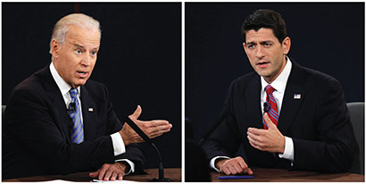 From left, U.S. Vice President Joe Biden and Republican vice presidential nominee Rep. Paul Ryan. Photo property of David Goldman/AP