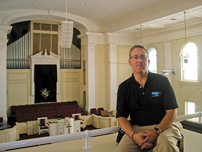 Buck Roberts, president of Selah Media Productions, Boone, NC, at First Baptist Church of Lenoir, NC, which recently upgraded with a WorxAudio system