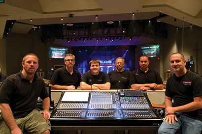 From left, volunteers Jeff Johnston, Jonathan Ficklin, Levy Stout, Mike Blackburn, Wes Fahlsing and church staff technical systems engineer Brent Whetstine.