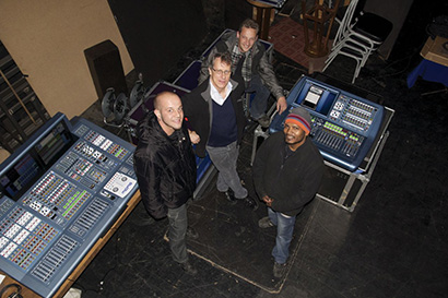 From left, Kobus Van Den Berg, Sand Du Plessis theatre complex in Bloemfontein; Mark Malherbe, Prosound; Andre Kruger, Showaudiol co-owner; and Markus Naickur, Sand Du Plessis theatre complex.