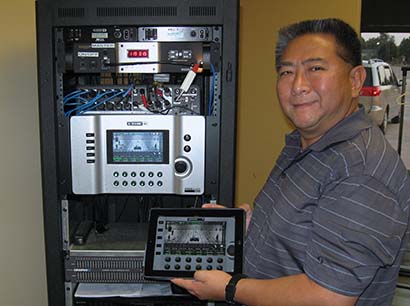 Line 6 StageScape M20d smart mixing system at Fresno Betsuin Buddhist Temple Dharma Center in Fresno, CA. Pictured here with the system is Betusin Buddhist Temple member Greg Tsudama, professional IT manager and the lead A/V tech.