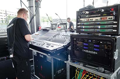 Rob Greene, Delicate Productions, at monitors for Train