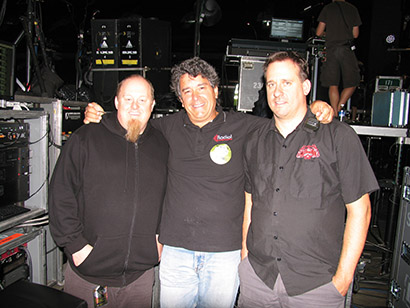 From left, Kevin (Tater) McCarthy (monitor engineer), Peter Janis (president, Radial Engineering) and Paul White (RF coordinator/monitor systems)
