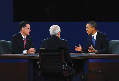 Pictured are Governor Romney (left), moderator Bob Schieffer (center) and President Obama (right) at the October 22nd debate at Lynn University in Boca Raton, Florida, each using Audio-Technica AT898cW lavalier mics with 5000 Series wireless systems. Photo by Joe Raedle/Getty Images.