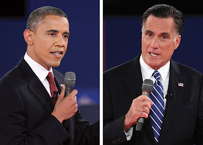 President Obama (left) and Governor Romney (right) at the October 16th town hall debate at Hofstra University, each using Audio-Technica’s 5000 Series wireless systems with AEW-T5400a condenser handheld transmitter. Photos by Spencer Platt/Getty Images.