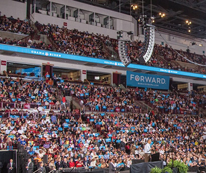 Barack Obama on the 2012 campaign trail, heard via QSC Audio gear. Photo by Anne Savage Photography
