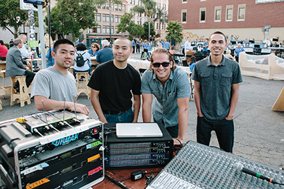 Space Scientist/Musicians Rely on Lectrosonics Wireless Gear for Concert and Film. From left, Taj Kawahara, A2; Alan Chang, A1 Supervising Sound Mixer; Will Magro, A2; and Adam Pena, A2. Photo Credit: Neil Berret