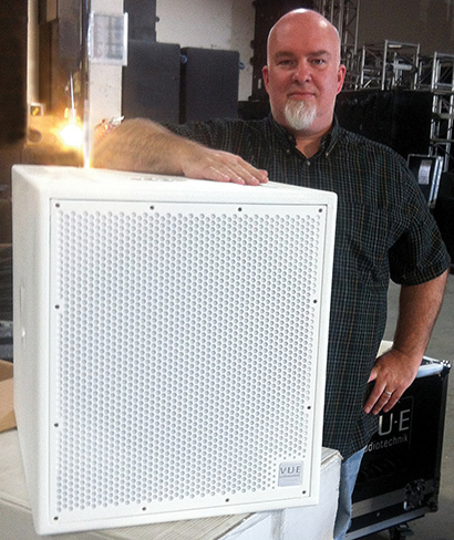 Delicate Productions president Jason Alt with one of their new VUE as-115 subwoofers