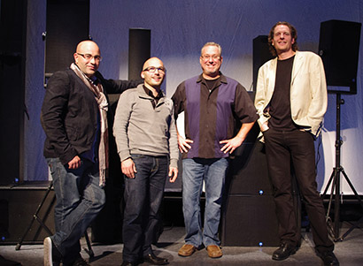 Jerome Hardy and Martin Broucqsault of SoundCo (left) with Ralph Heinz and Hakan Sjoo of Renkus-Heinz.