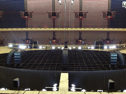 Assembly Hall has a seating capacity to 17,472.  Notice the upper fill speakers used to augment the high frequencies in the extremely high seating areas. 