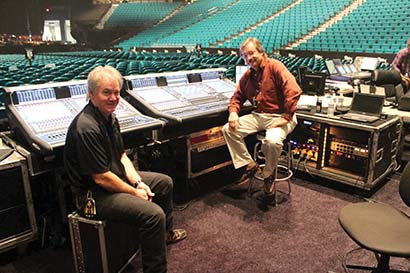 FOH mixers Kevin Gilpatric and Chris Carlton during setup at the MGM Grand Garden Arena in Las Vegas. Photo by Diane Gershuny
