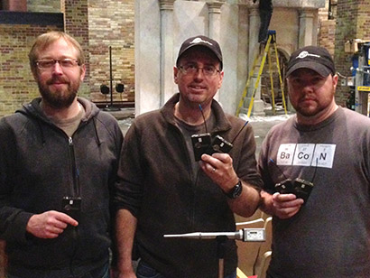 From left, Michael Laird, sound designer; Jeff Cummings, production manager; Aiden Nagle, head of audio. Photo credit: Gavin Fearon.