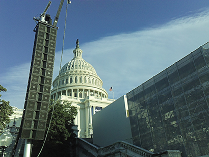 A view of the main stage right location of the main PA speaker cluster (Tower A) used to broadcast the audio for President Barack Obama’s second presidential inauguration ceremony, held on the Capitol building grounds in Washington, D.C on January 21, 2013.