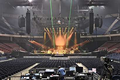FOH Engineer Steve Cross (bottom center) helps prepare Sound Image’s L-Acoustics K1 system for a show. Photo by Vic Wagner.