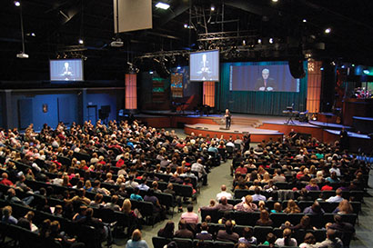 The interior of Kansas City, Missouri’s World Revival Church, which recently upgraded its sound system with components from Bose Professional Systems Division including RoomMatch loudspeakers and PowerMatch amplifiers, along with other Bose products.
