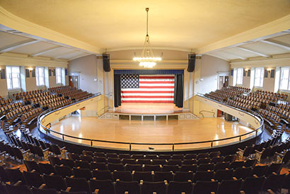 The historic Nevins Hall in downtown Framingham, Massachusetts. The space received a P.A. system upgrade from Adtech systems featuring RoomMatch loudspeakers and PowerMatch amplifiers from Bose Professional Systems Division.