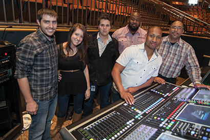Photo ID/Group Shot: Foreground: Nathan Williams (Technical Director/FOH Engineer); Background L to R: Kyle Purintun (Monitor Engineer) Jessica Purintun ( FOH, Broadcast Engineer) Kyle Cruz ( Broadcast, MON Engineer) Herman Jones (Lighting Designer) Vince Harris ( FOH, MON, Broadcast Engineer).