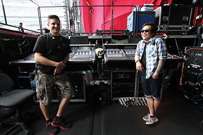 Engineers Jordan Kolenc and Scott Wasilk in monitor world.
