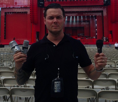 For Jay-Z and Justin Timberlake’s “Legends of The Summer Stadium Tour,” monitor engineer Dan Horton, pictured here, used a variety of Miktek mics, including the PM9 on snare, PM10’s on toms, and PM11 on kick and floor tom.