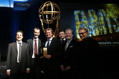 The Lawo team accepting the Emmy Engineering Plaque at the 65th Primetime Emmy Engineering Awards. From left to right: Felix Krueckels (Senior Product Manager), Herbert Lemcke (President Lawo North-America), Philipp Lawo (CEO), Jeffrey Stroessner (Business Development Manager), Michael Mueller (Sales Manager North-America), Don Bird (VP Business Development and Marketing).
