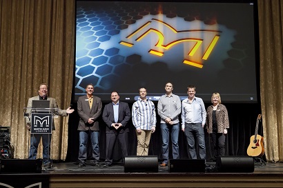 From left, Martin Audio US/UK team photo caption (left to right): Rob Hofkamp (US Director of Operations), Sam Spennacchio (Eastern Regional Sales Mgr), Michael Colon (Western Regional Sales Mgr), Jason Baird (Research & Development Director), Simon Bull (Director of Sales), James King (Director of Marketing), Maureen Hayes (Marketing Manager)