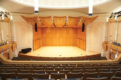 685-seat Baldwin Auditorium, on the campus of Duke University, Durham, NC. Photo by Jaffe Holden Acoustics, Inc